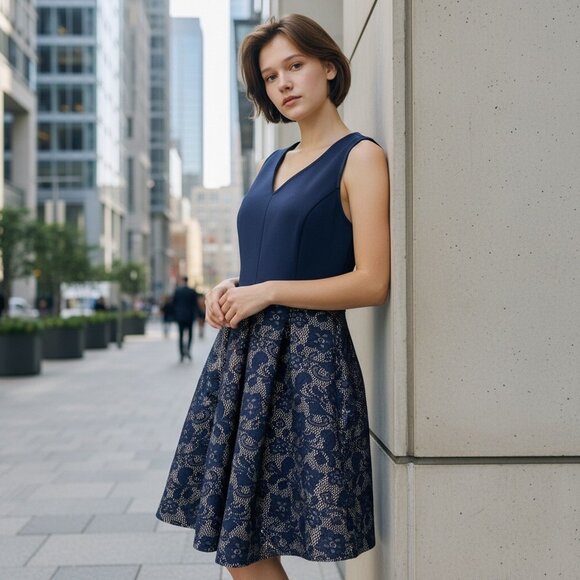 Blue Rain Junior Teens Sleeveless Dress Navy Blue Floral Lace Skirt V-Neck Large - Picture 2 of 11